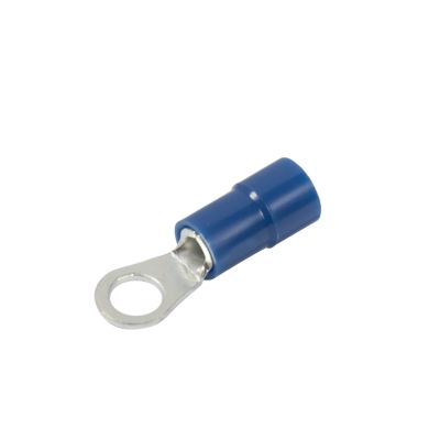 Blue vinyl ring terminal with a metal loop and funnel entry, designed for electrical connections on 8 stud, 16-14 gauge wires.