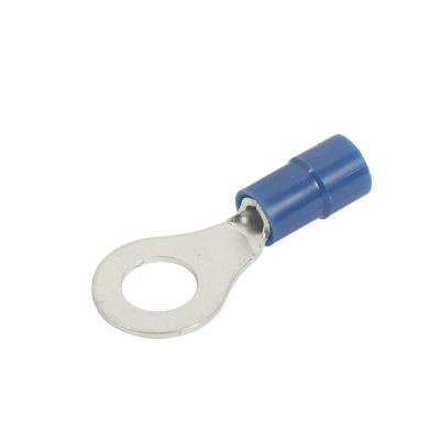 Blue vinyl ring terminal with funnel entry, designed for use with studs. Ideal for 16-14 gauge wire connections.