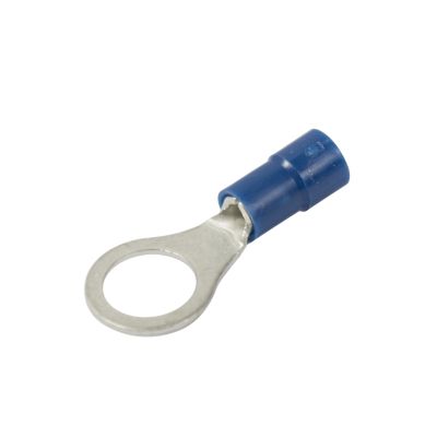 Blue vinyl ring terminal with funnel entry and metal loop for electrical connections.