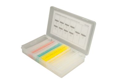 Translucent dual wall heat shrink kit with 83 pieces in a clear compartmentalized case, featuring multiple colors.