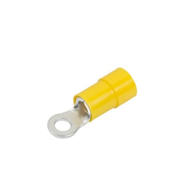 Yellow vinyl ring terminal with funnel entry, designed for 6 stud connections, suitable for 12-10 gauge wires.
