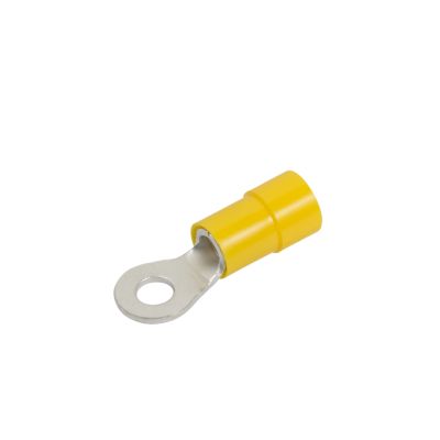 Yellow vinyl ring terminal with funnel entry design for 8 stud, compatible with 12-10 gauge wires.