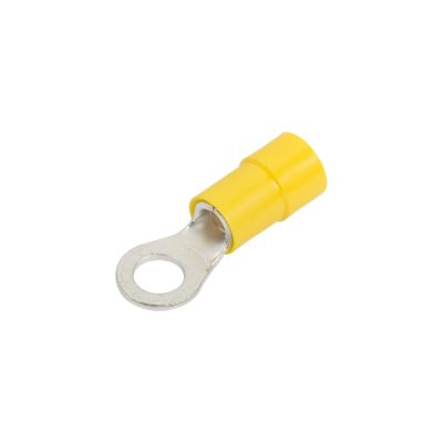Yellow vinyl ring terminal with funnel entry, designed for 10 stud and 12-10 gauge wiring applications.