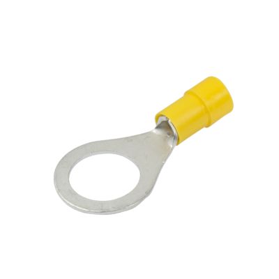 Yellow vinyl ring terminal with funnel entry and metal ring, suitable for 12-10 gauge wires.