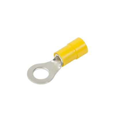Yellow vinyl ring terminal with funnel entry, featuring a silver loop connector for 12-10 gauge wire.