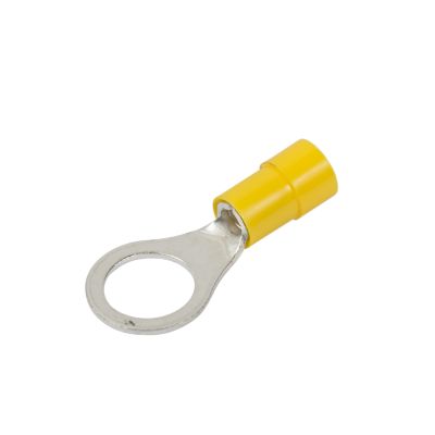 Yellow vinyl ring terminal with funnel entry for electrical wiring applications.