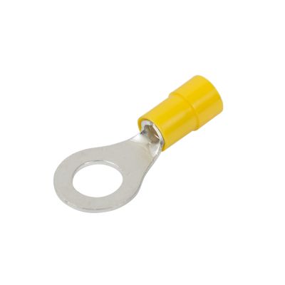Yellow vinyl ring terminal with funnel entry for secure wire connections.