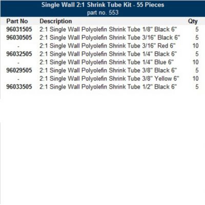 Heat shrink kit with assorted polyolefin tubes in black, red, yellow; detailed parts and quantities listed.