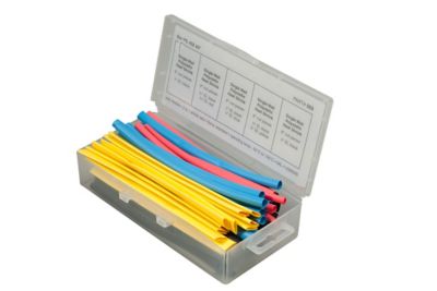 Heat shrink kit with assorted colorful tubes in an open storage box, ideal for insulating and protecting wires.