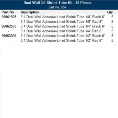 Shrink tube kit with dual wall adhesive lining, featuring various sizes in black and red, organized in a 30-piece set.