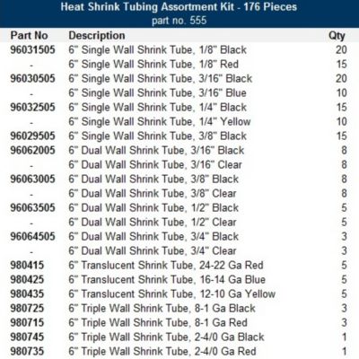 Assorted heat shrink tubing kit with various colors and sizes, 176 pieces total, displayed in a comprehensive list format.
