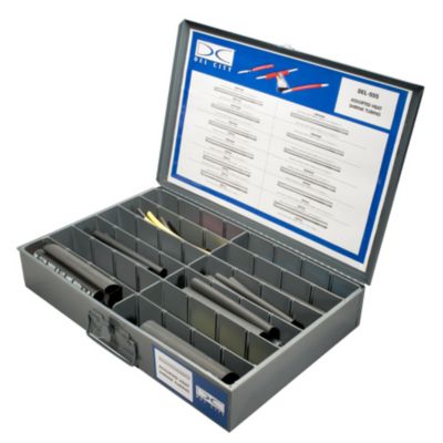 Assorted heat shrink kit with organized compartments, open metal case, and various shrink tubing in a 176-piece set.