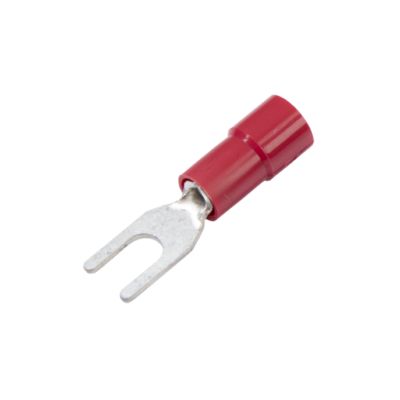 Red vinyl narrow block spade terminal with funnel entry for electrical connections.