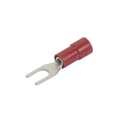 Red vinyl spade terminal with funnel entry and narrow block design, ideal for electrical connections with 6 stud.