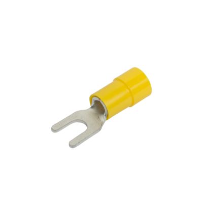 Yellow vinyl narrow block spade terminal with funnel entry for 8 stud, compatible with 12-10 gauge wires.