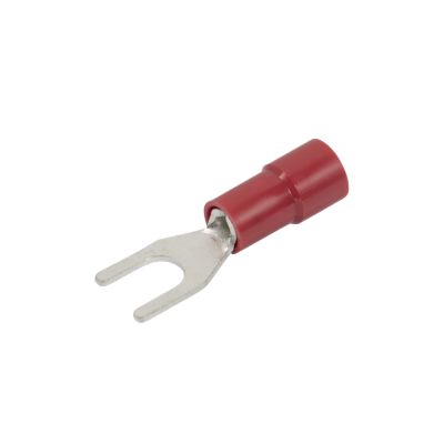Red vinyl spade terminal with metal prongs and funnel entry, suitable for various electrical connections.