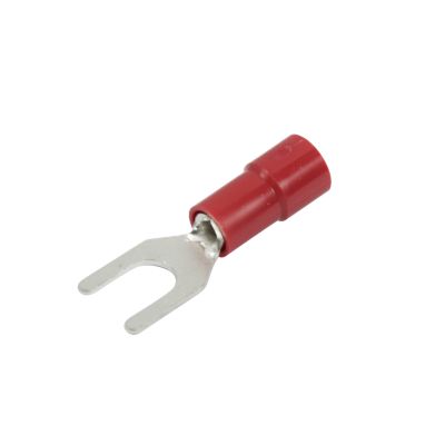 Red vinyl spade terminal with funnel entry for electrical connections, 8 stud compatible, suitable for 22-18 gauge wires.