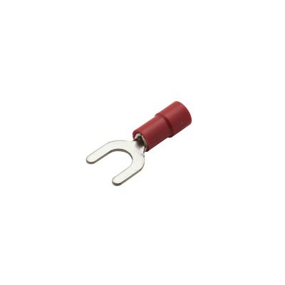 Red vinyl spade terminal with funnel entry, designed for electrical connections, 22-18 gauge compatibility.