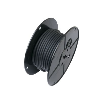 Black spool of 4 Gauge SGX battery cable coiled neatly, designed for durability and automotive use.
