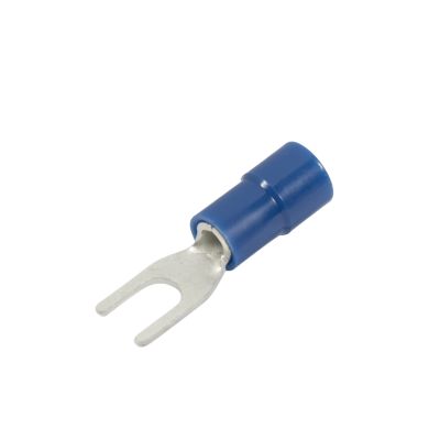 Blue vinyl spade terminal with funnel entry for electrical connections, fits various wire gauges and stud sizes.