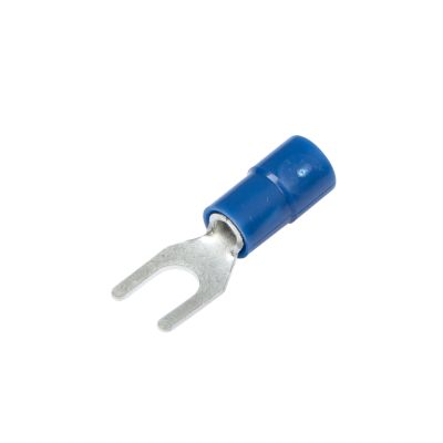 Blue vinyl spade terminal with funnel entry and metal connector, suitable for electrical wiring in automotive or home projects.
