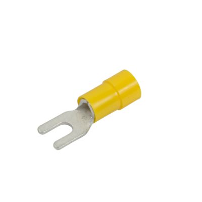 Yellow vinyl spade terminal with funnel entry, designed for electrical connections with a sturdy metallic fork.