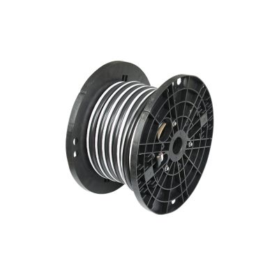 Black and white dual booster cable on a spool, showcasing durable construction and practical design for automotive use.