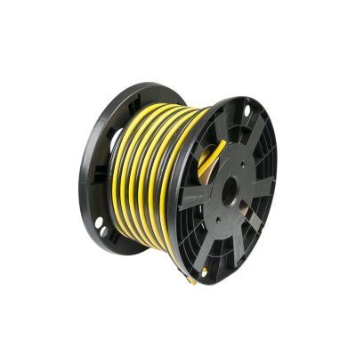 Black and yellow dual booster cable coiled on a black reel, ideal for vehicle battery connections.