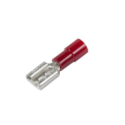 Vinyl-insulated push-on terminal with a red tip and metallic connector, ideal for 22-18 gauge wiring applications.