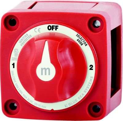 Red Blue Sea Systems M-Series Battery Switch with three position settings and prominent off label.