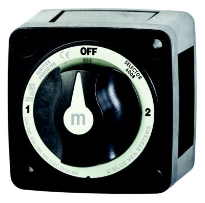 Three-position black battery switch by Blue Sea Systems, features a compact design with ribbed texture for secure handling.
