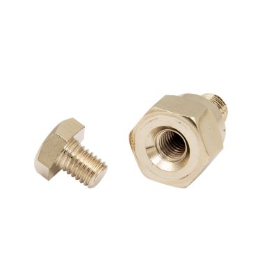 Gold-plated side-mount battery terminal bolts, showcasing hexagonal heads and threaded design for secure connections.