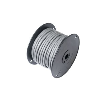 Gray shielded wire spool with black reel, featuring three conductors neatly coiled for electrical use.