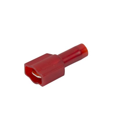 Red nylon and brass push-on terminal, fully insulated, for secure electrical connections.