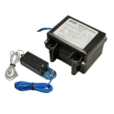 Trailer breakaway switch kit with battery and charger, featuring black casing and blue wiring for enhanced safety.