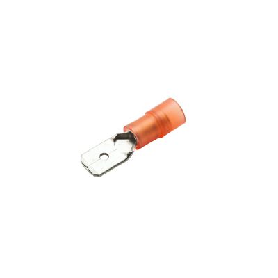 Red nylon and brass partially insulated male push-on terminal for 22-18 gauge wiring.