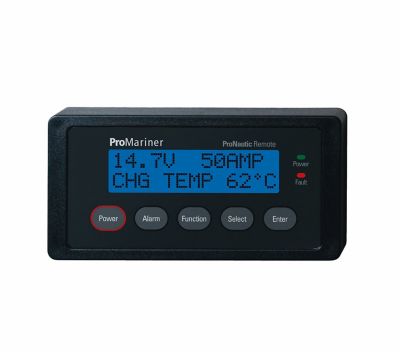 ProMariner 63100 PFC ProNautic Remote with blue digital display, buttons for power, alarm, function, and select options.