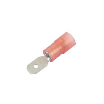 Red nylon and brass male push-on terminal, partially insulated, ideal for 22-18 gauge wires.