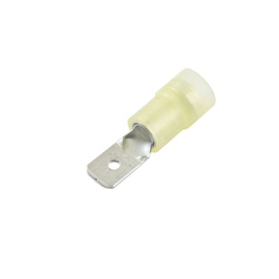 Nylon and brass push-on terminal, male, partially insulated in yellow with a flat, metal connector end.
