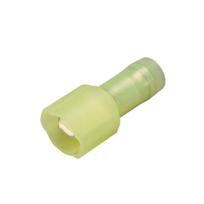 Yellow nylon and brass push-on terminal with fully insulated sleeve, designed for secure electrical connections.