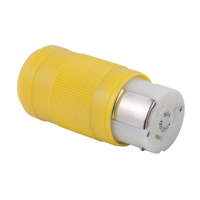 Yellow locking female connector, 3-pole, 4-wire, designed for 50 Amp, 125/250V.