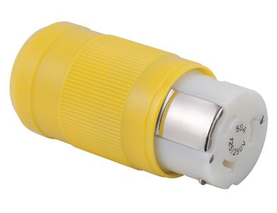 Yellow locking connector with Park Power package for 50 Amp, featuring ribbed grip and sturdy design for secure connections.