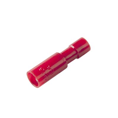 Red nylon and brass female bullet connector for 22-18 gauge wires, ideal for secure electrical connections.