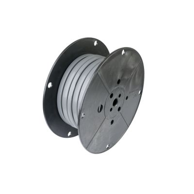 Spool of gray Quadplex brake cable on black reel, coiled and ready for use. Ideal for high-performance braking systems.