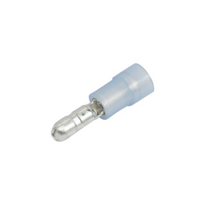 Blue nylon and brass male bullet connector for 16-14 gauge wires, ideal for electrical applications.