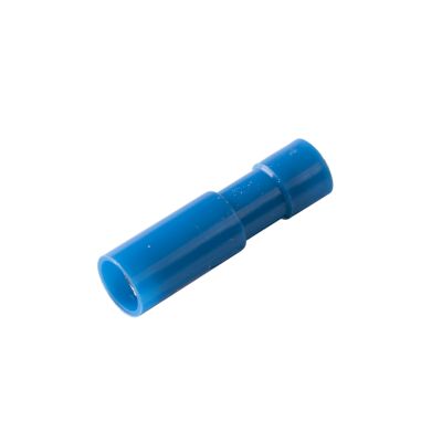 Blue nylon and brass female bullet connector, ideal for 16-14 gauge wiring projects, showcasing a durable sleeve design.