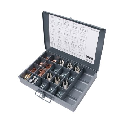 Battery Terminal & Lug Kit with 49 pieces, organized in a compartmentalized gray case with labeled sections.