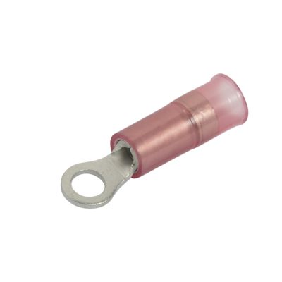 Red nylon and brass sleeve ring terminal with circular opening and crimp end, suitable for electrical connections.