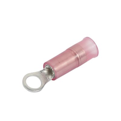 Red nylon and brass sleeve ring terminal with circular opening, designed for 6 stud connections, suitable for 22-18 gauge wires.