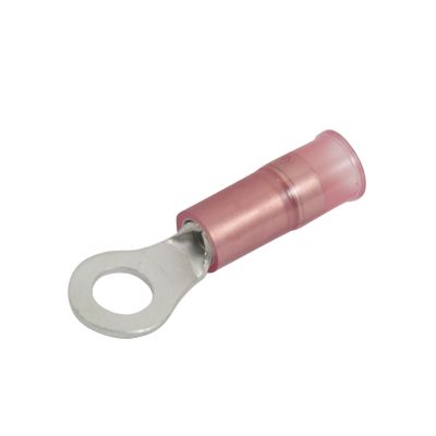 Red nylon and brass ring terminal with a sleeve, designed for 8 stud connections.